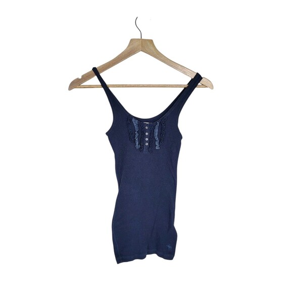 Abercrombie & Fitch S Cute Stretch Navy Ribbed Ruffle Tank Top Y2K Preppy Cami - Picture 3 of 9